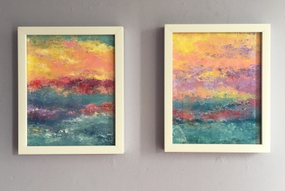 Sunset Over Miami I and II, MCB series, 2017, Acrylic on canvas, 8 x 10 in (9 x 11 in framed) each